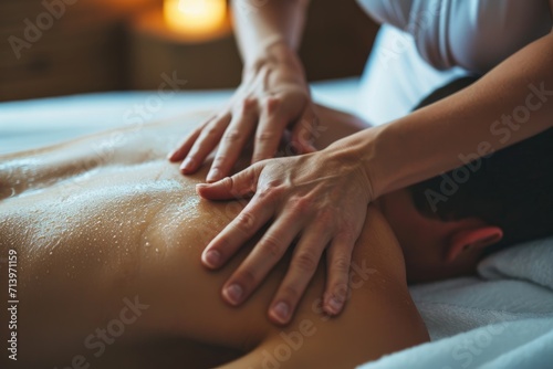 A Masseuse's Hands Provide Comforting Massage to a Man with Back Problems, Addressing Issues of Poor Posture and Promoting Well-being and Holistic Health