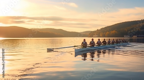 Rowing team rowing scull on lake.