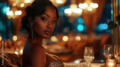 A sophisticated black woman in evening attire at a posh venue