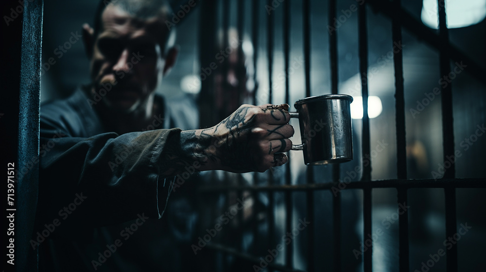 Prisoner hitting the cell bars with a metal cup Prisoner hitting the cell bars with a metal cup