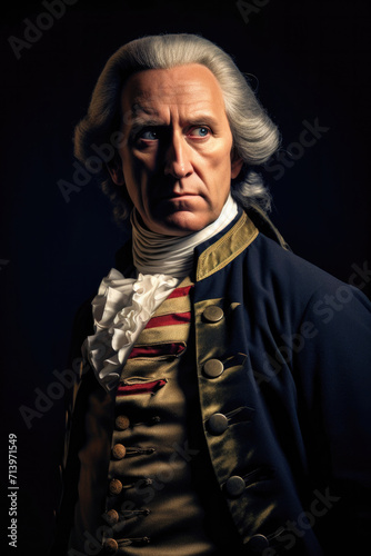 George Washington wearing historically accurate uniform and standing in front of a black background (generative AI)