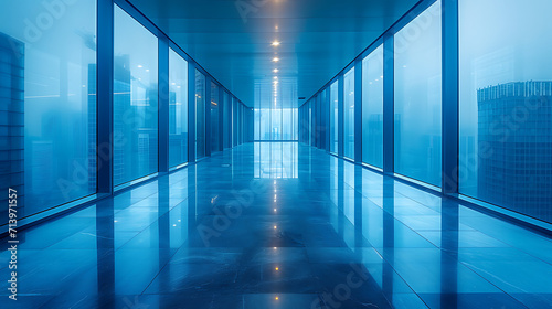 Blurred glass wall of a modern office building in a business center. Ideal for business concepts, with abstract blue-tinted windows.