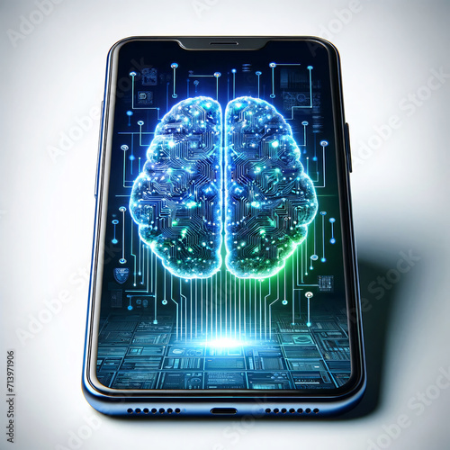 Téléphone affichant un cerveau intégré à un circuit électronique idéal pour article, blogs traitant de : l' intelligence artificielle, Piraterie, sécurité informatique, virus, hacker, hacking, pirate,