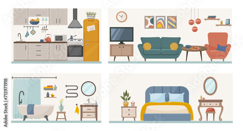 Apartment inside. Set with interiors, bathroom, living room and bedroom. Furnished rooms. Flat vector illustration of rooms with furniture.