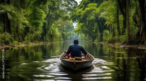 Canoeing the Amazon: A Man Explores the Untamed Beauty of the Rainforest, Paddling a Traditional Canoe Along a Jungle River, Embracing the Adventure in South America's Heart.      © Mr. Bolota