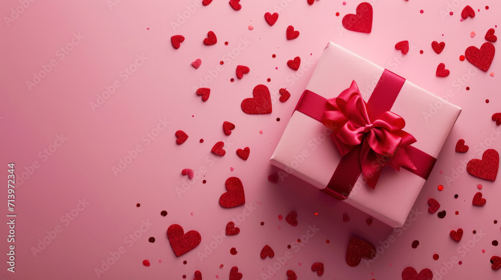Top view of aesthetic gift in craft box with ribbon. Pink hearts confetti background. Greeting concept. Generative AI