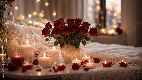 A heart-shaped table centerpiece, dazzling lights, and a starry night sky combine to create a whimsical and beautiful Valentine's Day table backdrop.