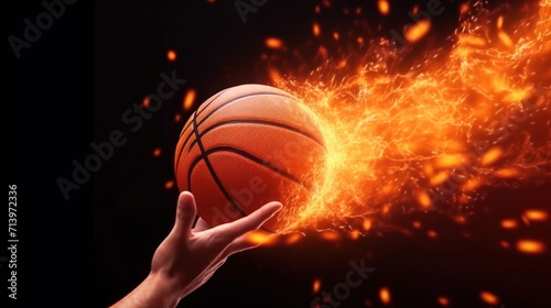 Photorealistic hand throwing orange basketball ball burning on black background. Fast dribble motion, goal banner. Sun burst motion rays. March madness poster design. Red fire flames. photo