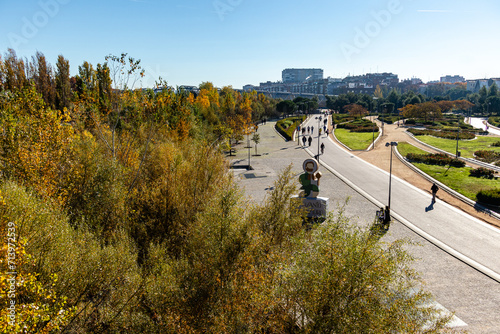 Madrid, Spain - november 19, 2023: autumn in the Madrid park called Madrid River on the banks of the Mnazanares river in Madrid, Spain photo