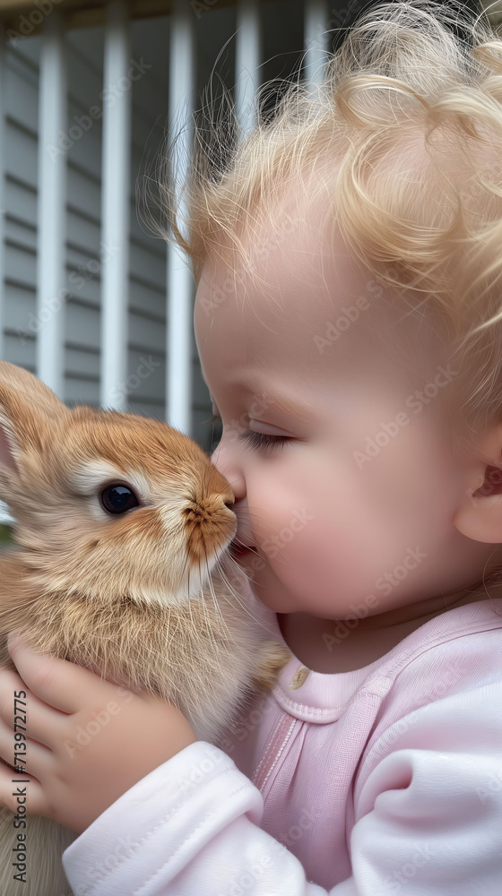 Young child in pink giving a gentle kiss to rabbit Young child in pink giving a gentle kiss to rabbit
