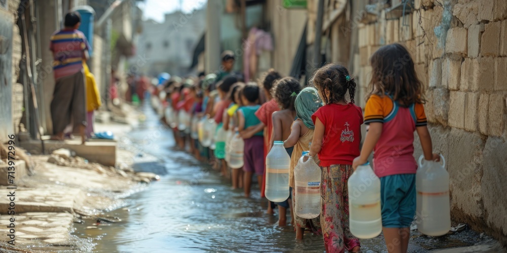 Children from Palestine wait in line for water to drink. Generative Ai.