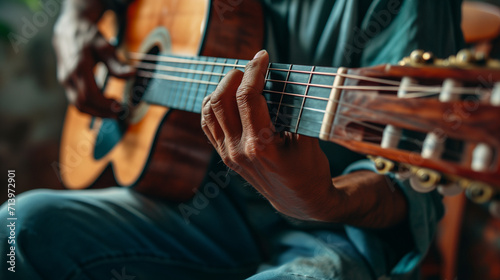Person playing an acoustic guitar photo