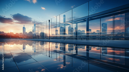 Office building glass and city skyline. empty modern office background in city center . Workspace interior design . Clean and bright office gallery background © Cristina