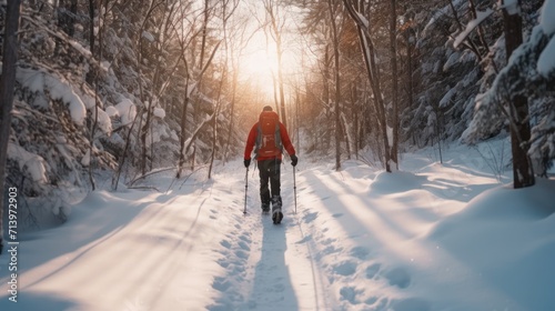 person going for a hike with snowshoes in winter.