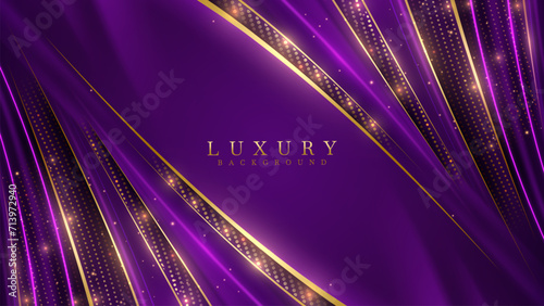 Purple background with vibrant violet neon light effects, Golden curves and bokeh. Luxury modern scene. Vector illustration.