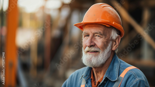 Older worker in a construction site wearing a hard hat