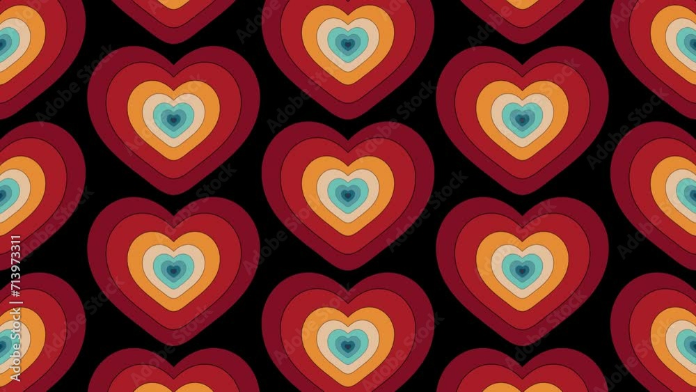 Vintage Striped animation of looped  psychedelic concentric colored hearts with cartoon style. Backgrounds, Posters, Banner Samples, Retro Colors from the 1970s 1980s, 70s, 80s, 90s. retro vintage 70s