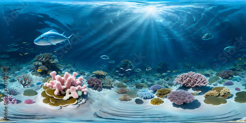 coral reef and fish, undersea 360 panorama view 