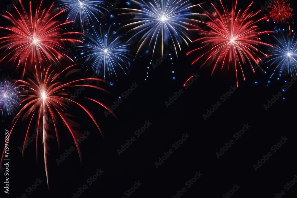 Colorful Abstract firework, firecrackers on dark sky. Celebration and 4th July concept background 