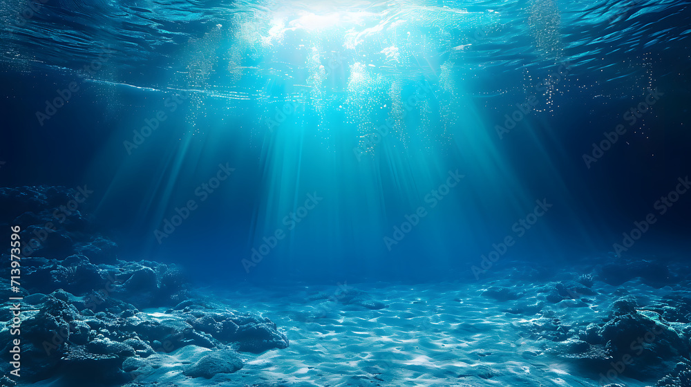 Obraz premium Underwater Ocean - Blue Abyss With Sunlight - Diving And Scuba Background