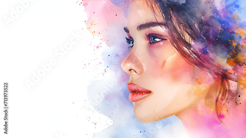 Beautiful woman's face.watercolor illustration copy space, generative ai
