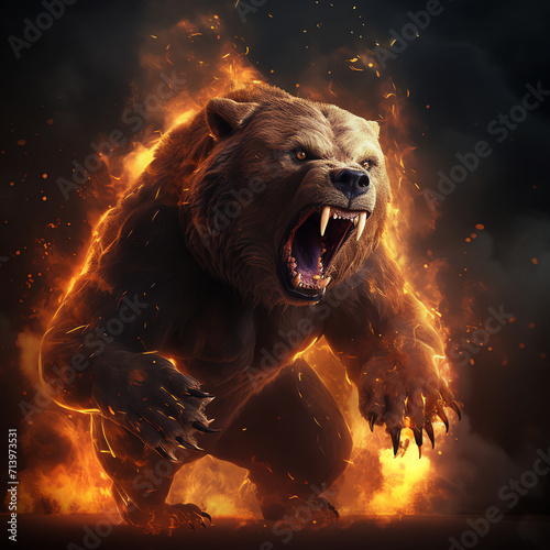 there is a bear that is running through a fire