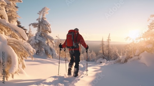 Mountaineer backcountry ski walking ski alpinist in the mountains. Ski touring in alpine landscape with snowy trees. Adventure winter sport. photo