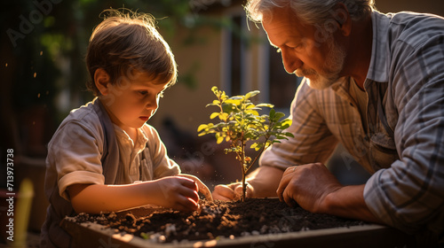 Grandfather and grandson planting a green plant in the ground together photo