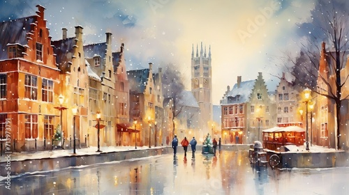 Watercolor painting of a winter street in the old