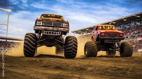 Monster Truck Showdown. Kids toys. Machines. Field with Clipping Path. photo
