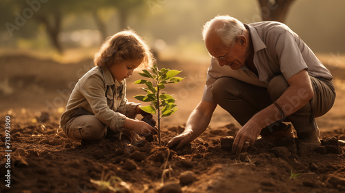 Grandfather and granddaughter plant a young tree in the ground together