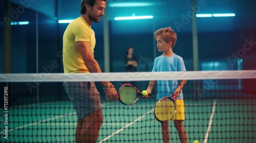 Monitor teaching padel class to man, his student - Trainer teaches boy how to play padel on indoor tennis court. photo