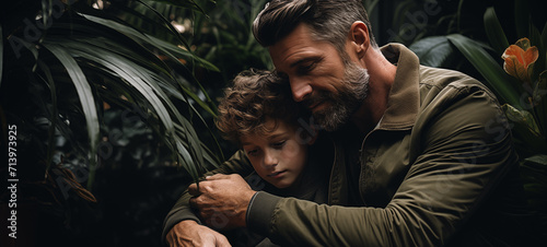 Father hugs his son on a hike in nature © ART_ist