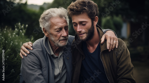 Son lovingly hugs elderly father