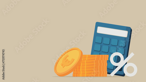 In front of the calculator is a pile of coins and a percent sign.	