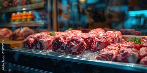 Raw meat on display at a butcher shop exhibit. Generative Ai.