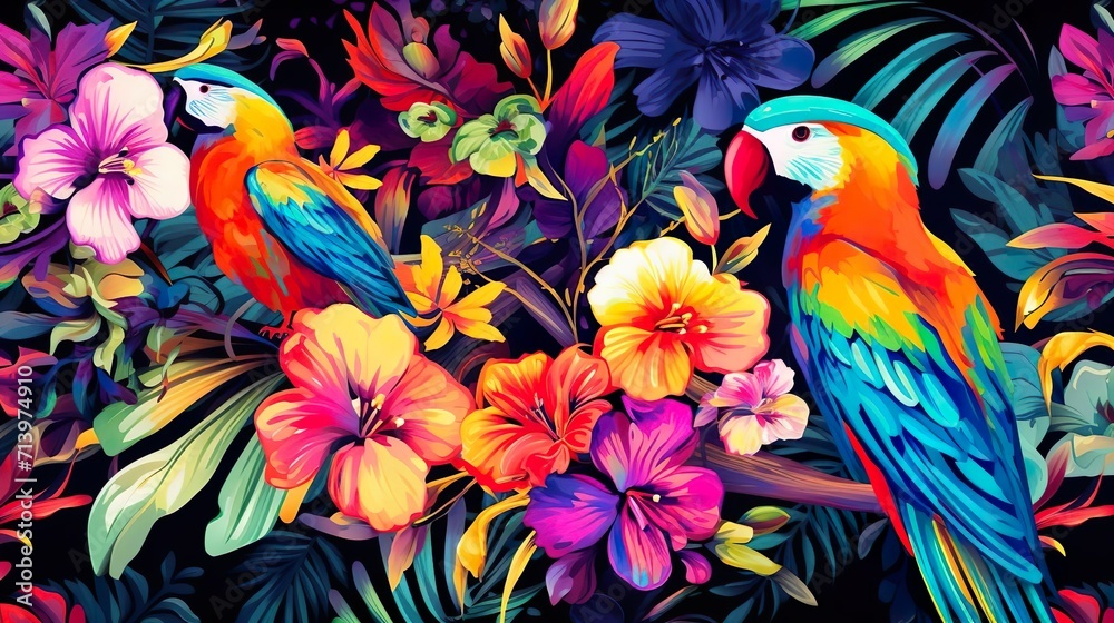 Obraz premium Tropical exotic pattern with animal and flowers