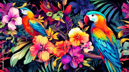 Tropical exotic pattern with animal and flowers © Yzid ART