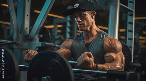 Man doing EZ barbell bicep exercises on Scott bench.