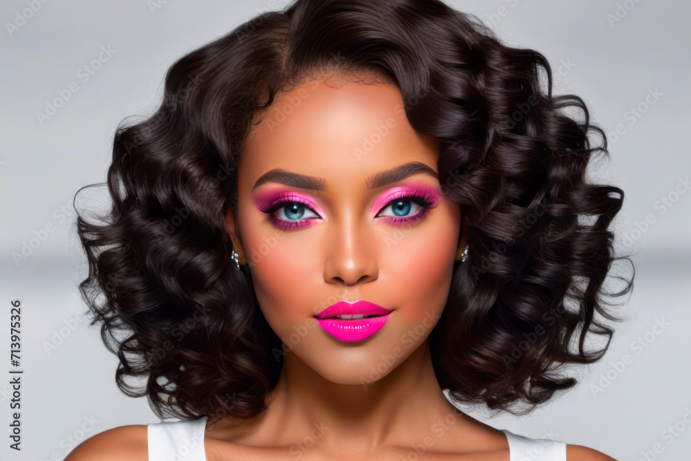 Fototapeta premium The image features a beautiful African American woman with curly hair and bright pink lipstick.