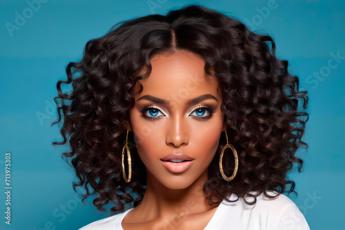 The image features a beautiful black woman with curly hair and bright blue eyes. She is wearing a white shirt and has a slight smile on her face. The background is a solid blue color. © OlScher