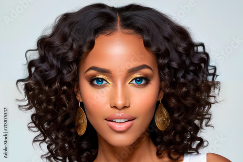 The image features a beautiful African American woman with curly hair and bright pink lipstick.