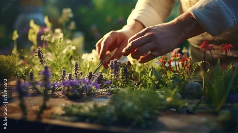 Fototapeta premium Chef hand selects fresh and colorful herbs beautiful image Ai generated art
