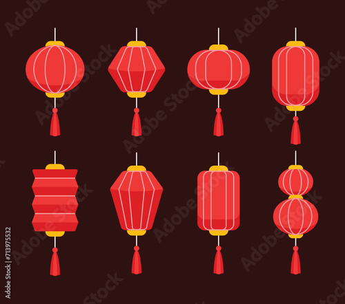 Chinese lantern icon set, Chinese new year design elements in minimal modern geometric style. Vector illustration on isolated white background. Paper lamp for ads, web banner, promotion decoration.