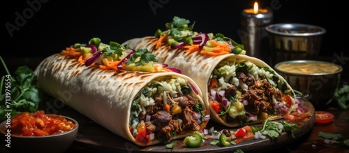 Beef burritos, served on a table with copy space view