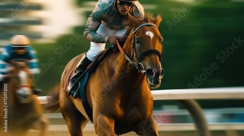 Jockey on racing horse. Champion. Hippodrome. Racetrack. Horse riding. Derby. Speed. Blurred movement. © haizah