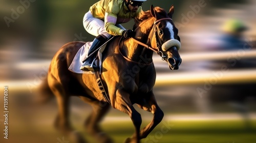Jockey on racing horse. Champion. Hippodrome. Racetrack. Horse riding. Derby. Speed. Blurred movement. © haizah