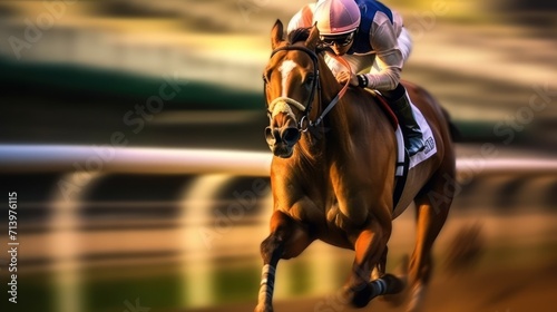 Jockey on racing horse. Champion. Hippodrome. Racetrack. Horse riding. Derby. Speed. Blurred movement.