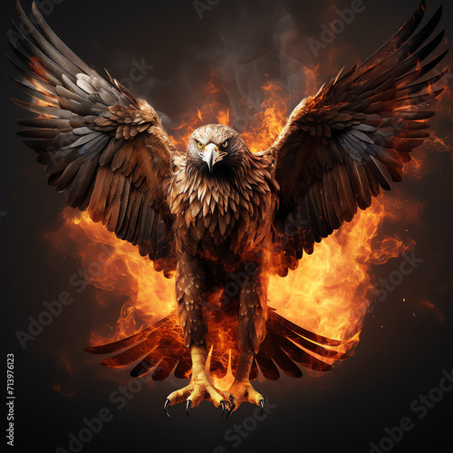 eagle flying through a fire with its wings spread wide © Randi