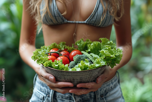 healthy eating, the girl holds a plate with fresh vegetables in her hands